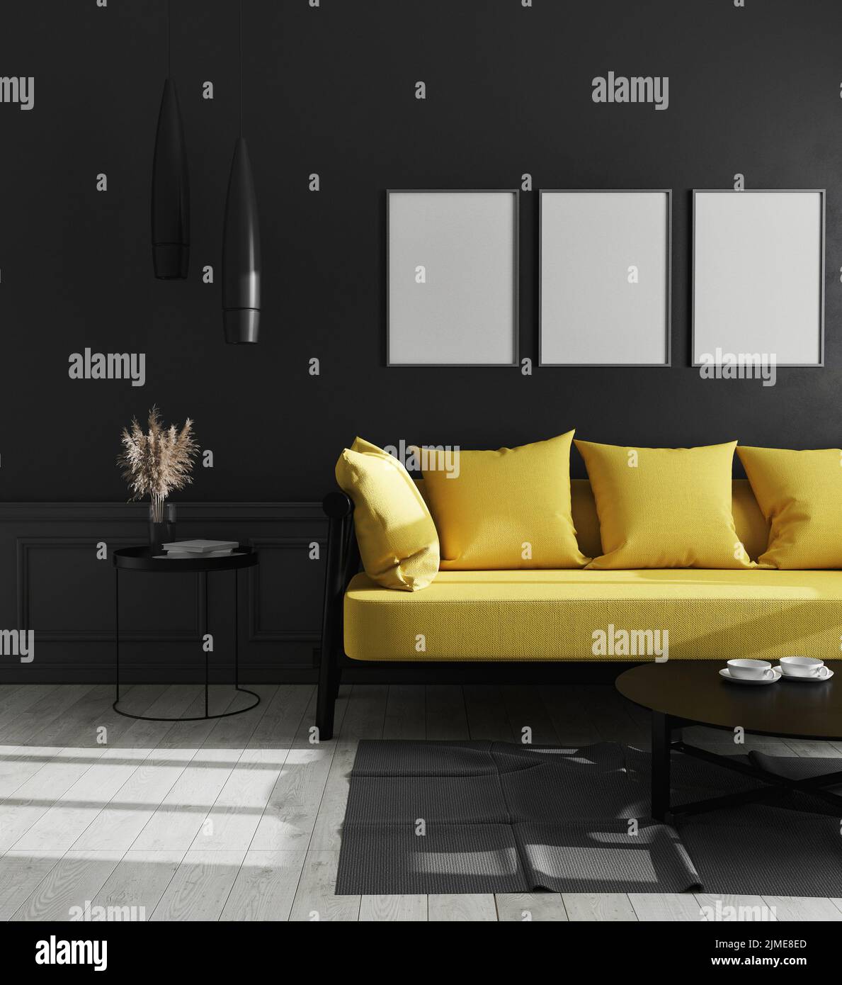 Drei leere vertikale Posterrahmen im modernen Luxus-Wohnzimmer mit schwarzer Wand und hellgelbem Sofa, Scandin Stockfoto