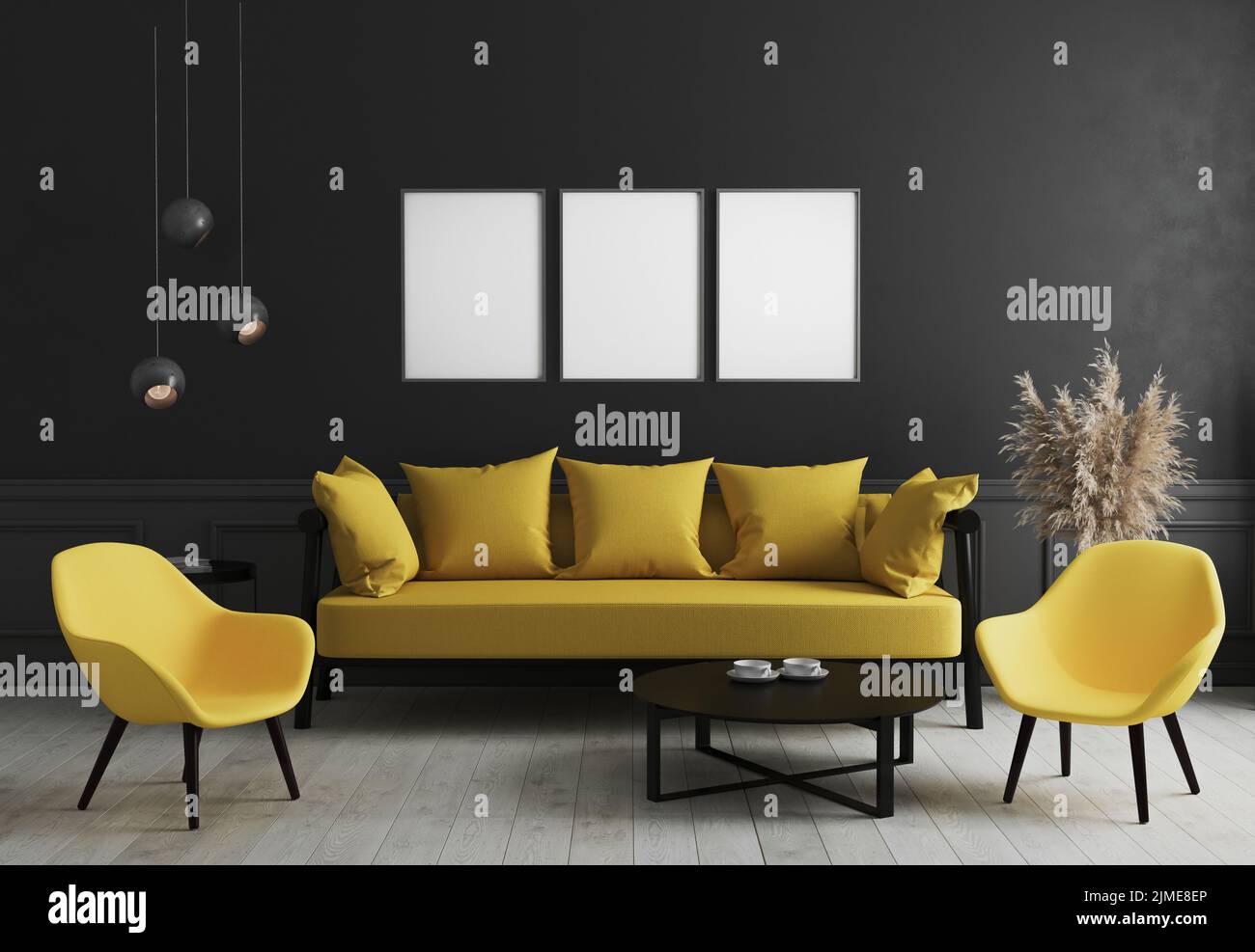 Blank vertikalen Posterrahmen im modernen Raum Innenraum Hintergrund mit schwarzer Wand und stilvollen gelben Sofa und Design-Armcha Stockfoto