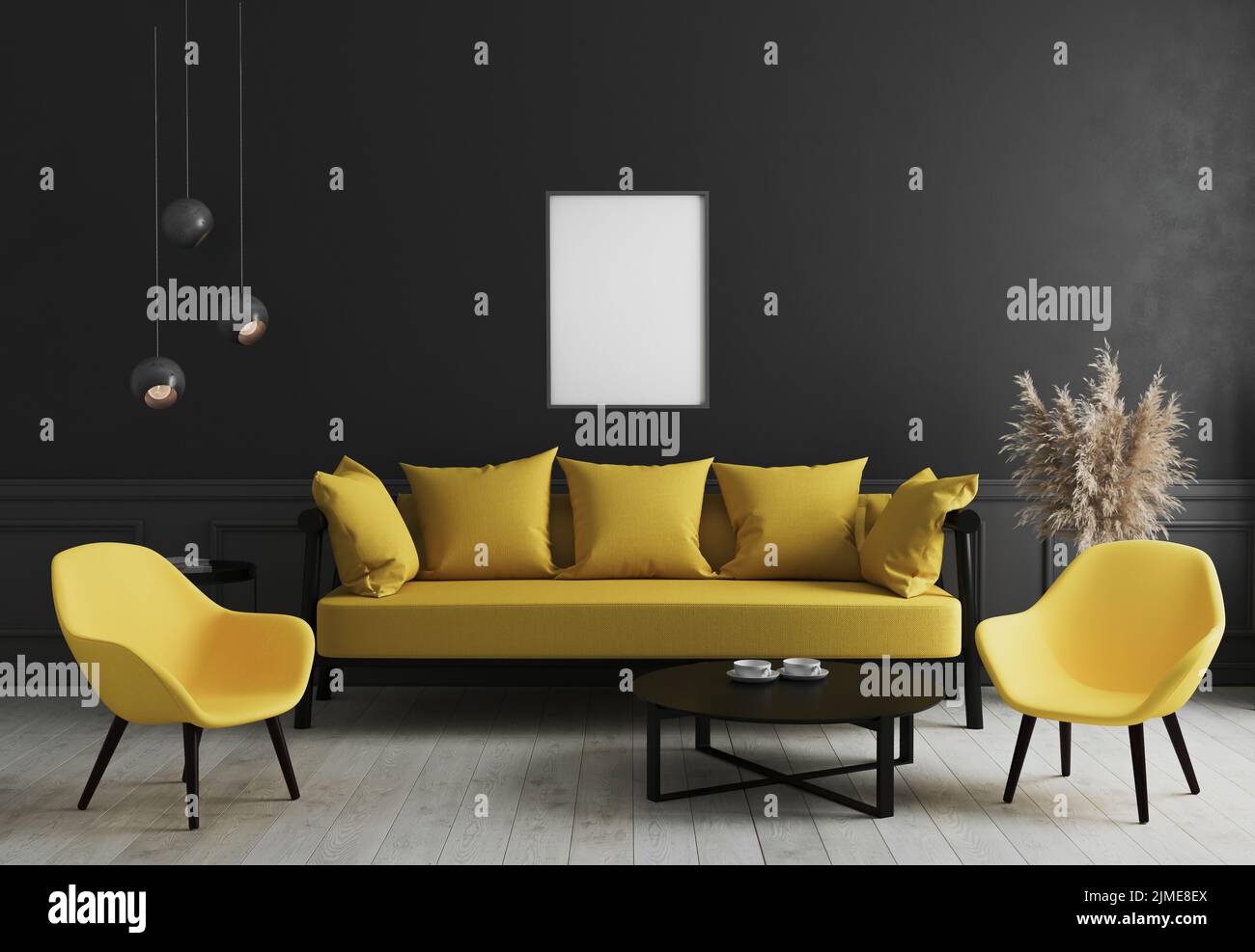 Blank vertikalen Posterrahmen im modernen Raum Innenraum Hintergrund mit schwarzer Wand und stilvollen gelben Sofa und Design-Armcha Stockfoto