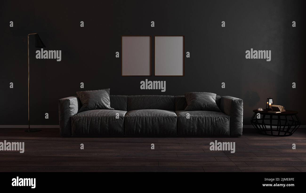Goldene vertikale Rahmen Mock up in dunklen Luxus Wohnzimmer Innenhintergrund, goldene Poster Frame Mockup, 3D Rendering Stockfoto