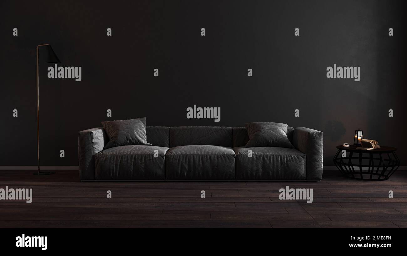 Luxus dunkle Wohnzimmer mit grauen Sofa-Modell, moderne Innenhintergrund, leere schwarze Wand Mockup, 3D Abbildung Stockfoto