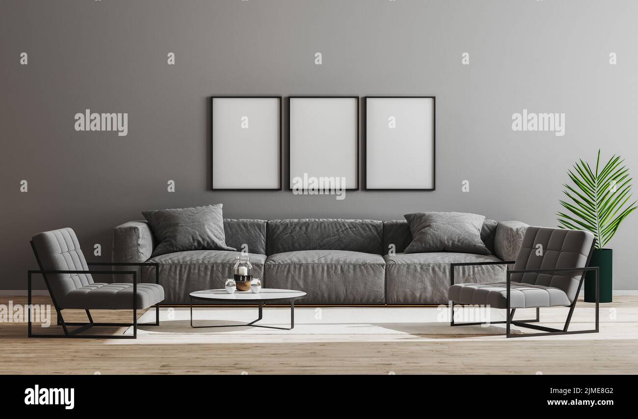 Leere schwarze Rahmen im modernen minimalistischen Wohnzimmer mit grauem Sofa, Sesseln und Couchtisch, Wohnzimmer im Stockfoto