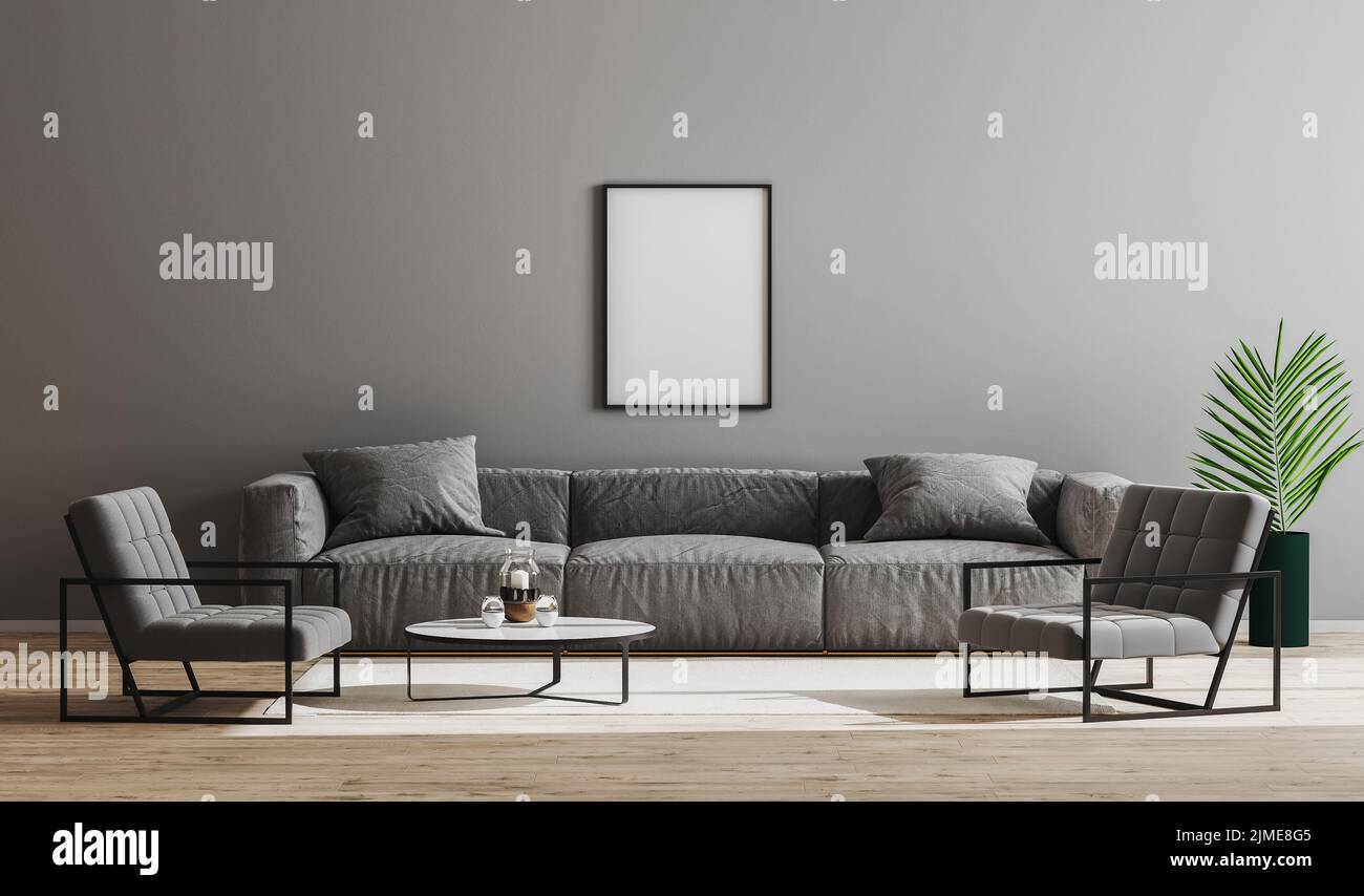 Leere schwarze Rahmen im modernen minimalistischen Wohnzimmer mit grauem Sofa, Sesseln und Couchtisch, Wohnzimmer im Stockfoto