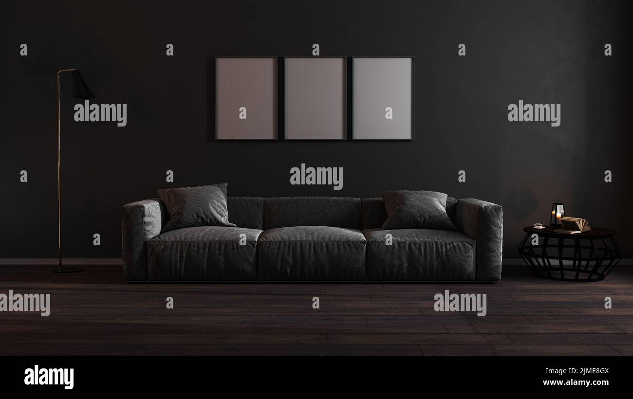 Drei leere Posterrahmen im luxuriösen dunklen Wohnzimmer mit grauem Sofa, moderner Innenhintergrund, 3D illustrative Stockfoto