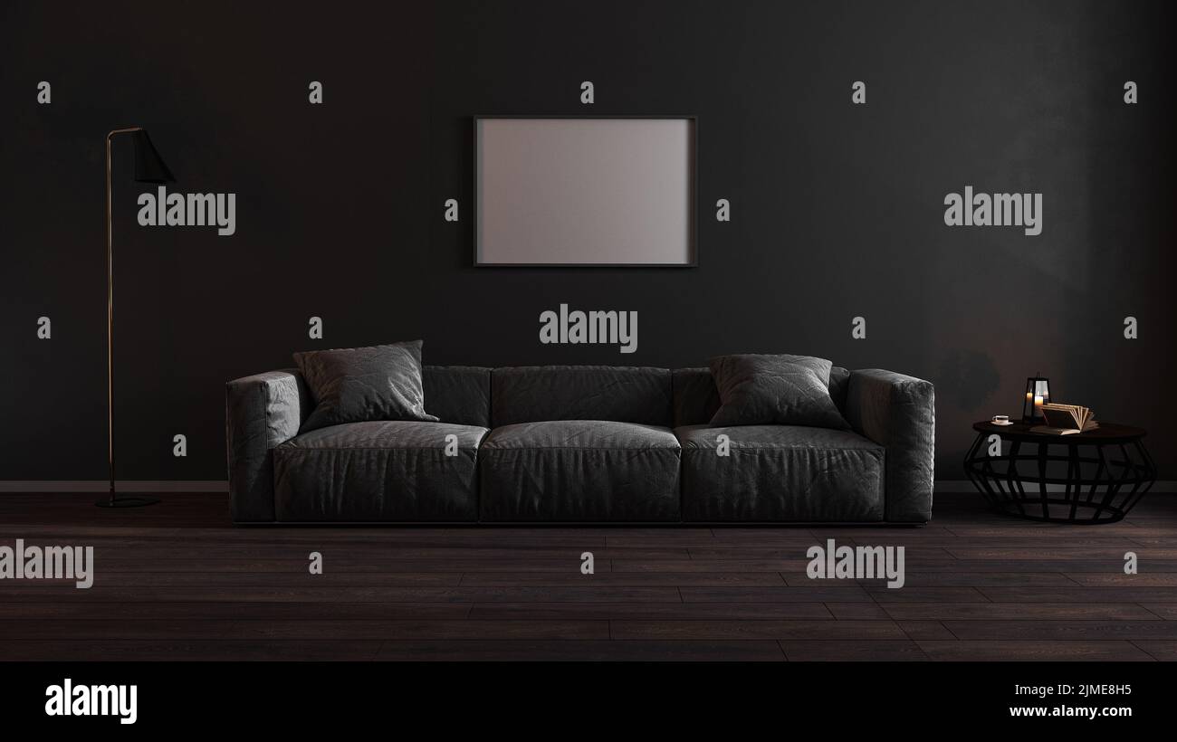 Horizontale leere Posterrahmen im luxuriösen dunklen Wohnzimmer mit grauem Sofa, moderner Innenhintergrund, 3D illust Stockfoto