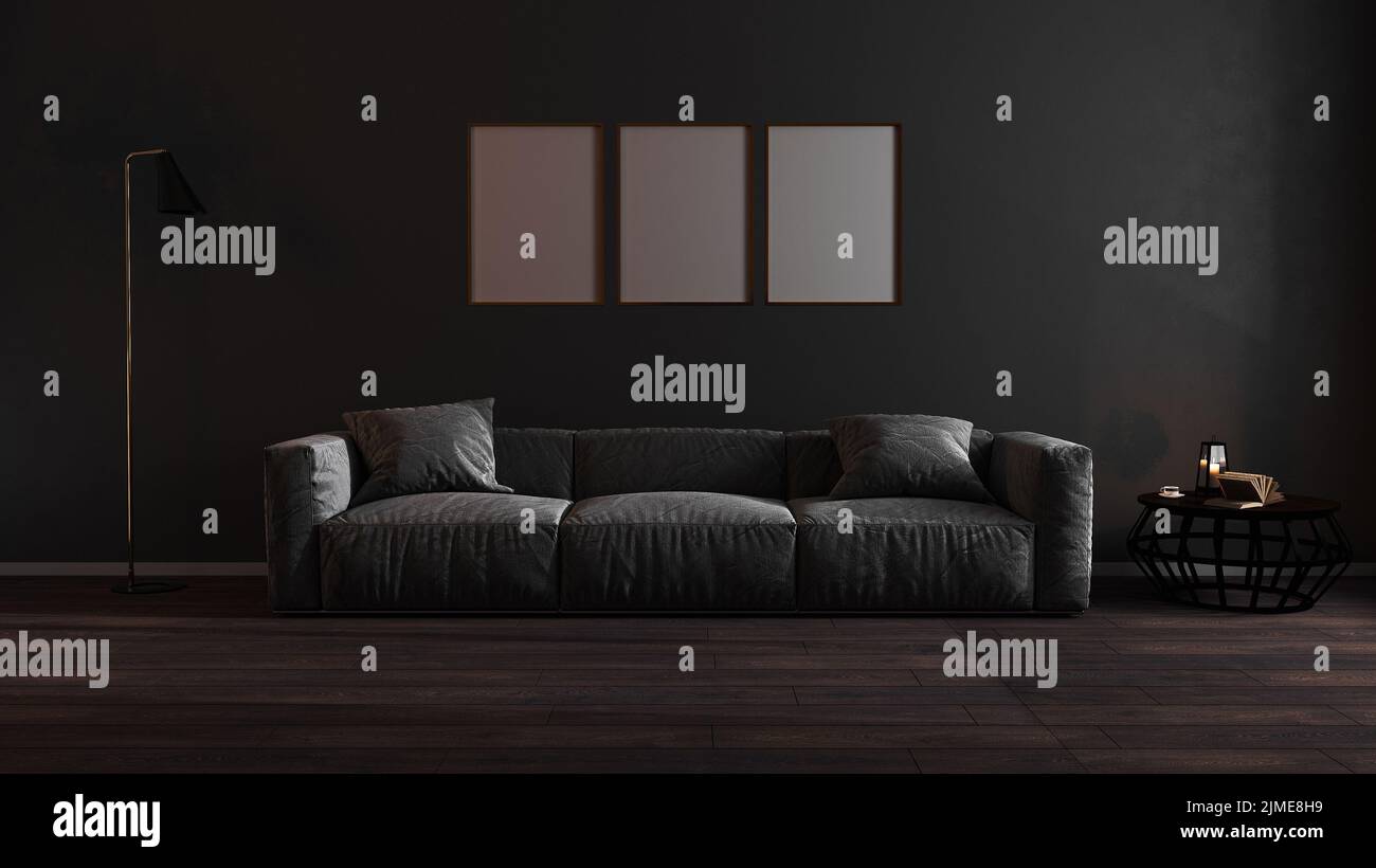 Goldene vertikale Rahmen Mock up in dunklen Luxus Wohnzimmer Innenhintergrund, goldene Poster Frame Mockup, 3D Rendering Stockfoto