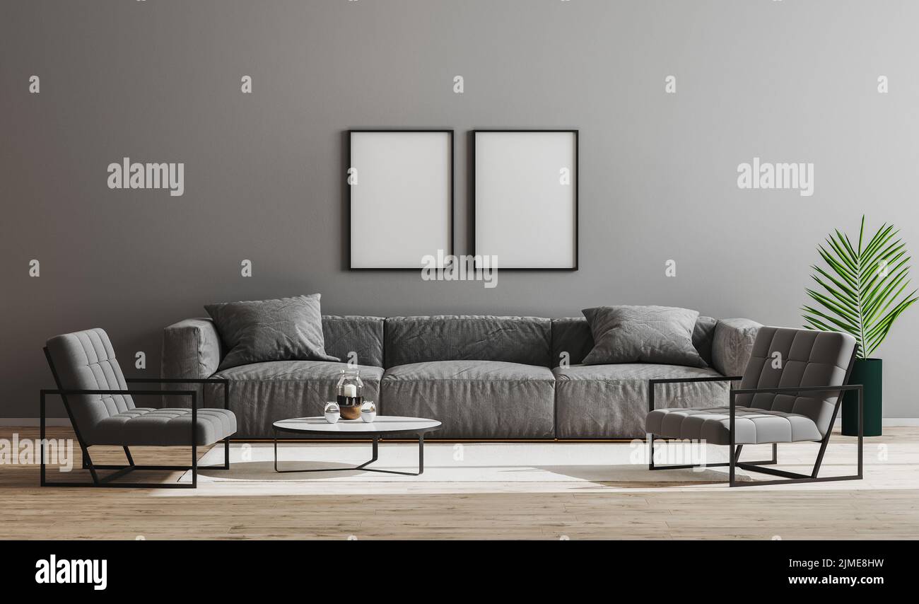 Leere schwarze Rahmen im modernen minimalistischen Wohnzimmer mit grauem Sofa, Sesseln und Couchtisch, Wohnzimmer im Stockfoto