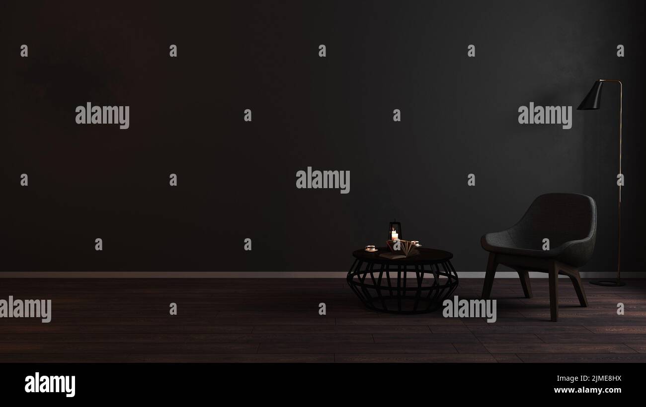 Moderner Luxus dunkle Wohnzimmer Innenhintergrund mit grauem Sessel in Nachtlicht, dunkle Zimmer Inneneinrichtung nachgestellt, schwarz leer wa Stockfoto