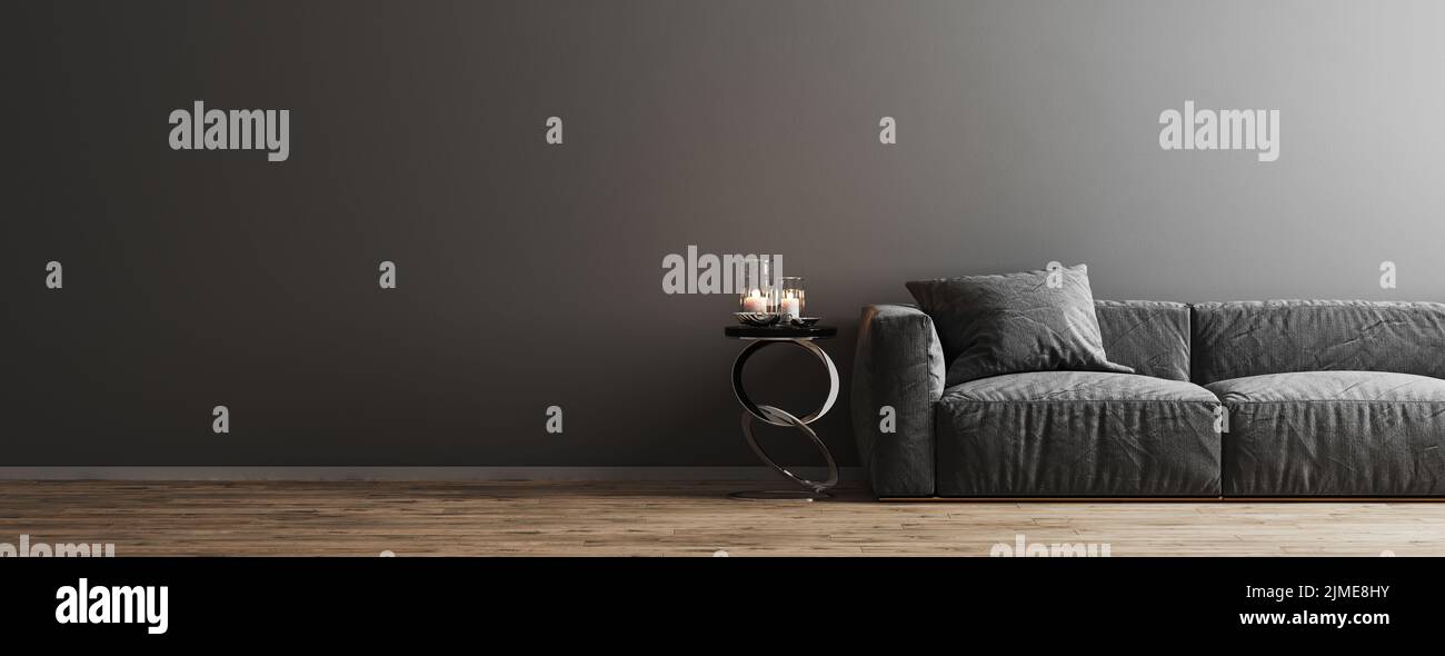 Zimmerinnenhintergrund mit grauer Wand und Sofa auf Holzboden mit Couchtisch, Wohnzimmervertäfelung, graue leere Wand, modern Stockfoto