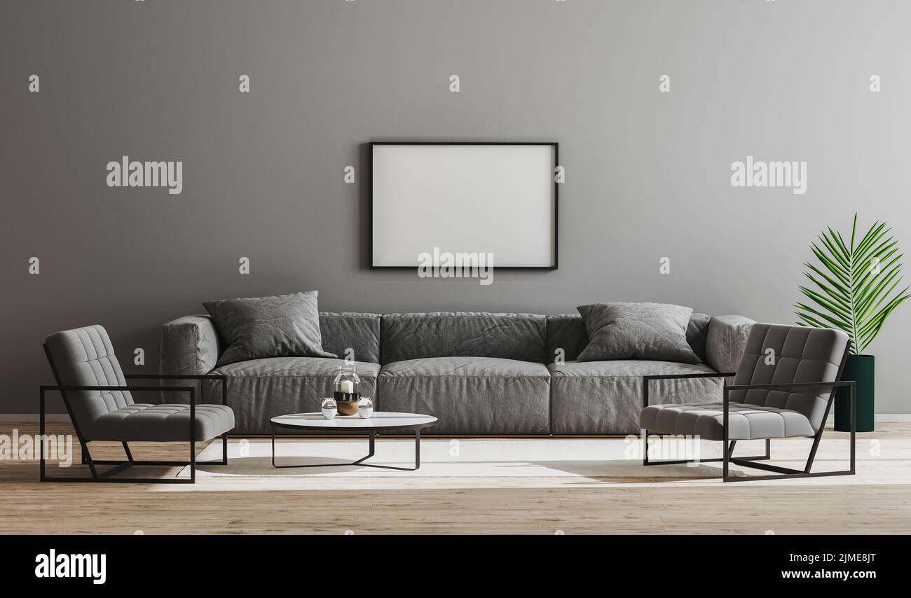 Weißer schwarzer horizontaler Rahmen im modernen minimalistischen Wohnzimmer mit grauem Sofa, Sesseln und Couchtisch, Livi Stockfoto