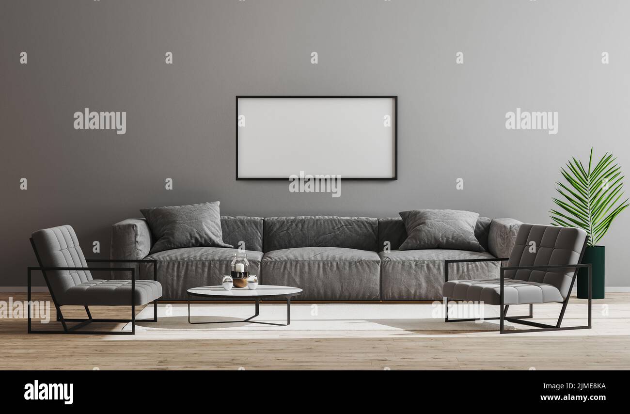 Weißer schwarzer horizontaler Rahmen im modernen minimalistischen Wohnzimmer mit grauem Sofa, Sesseln und Couchtisch, Livi Stockfoto