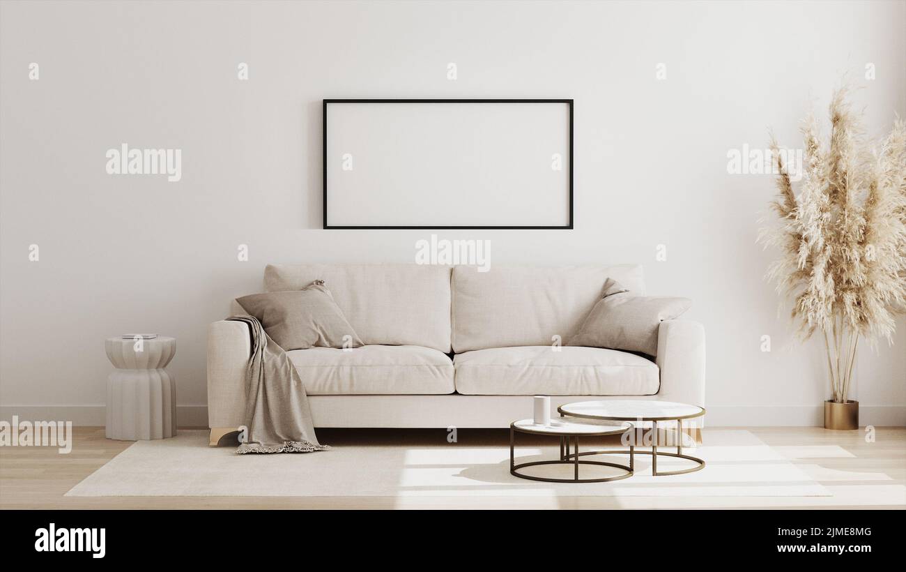 Blank horizontaler Posterrahmen im skandinavischen Stil Wohnzimmerinnenraum, moderne Wohnzimmer Innenhintergrund, beige Stockfoto