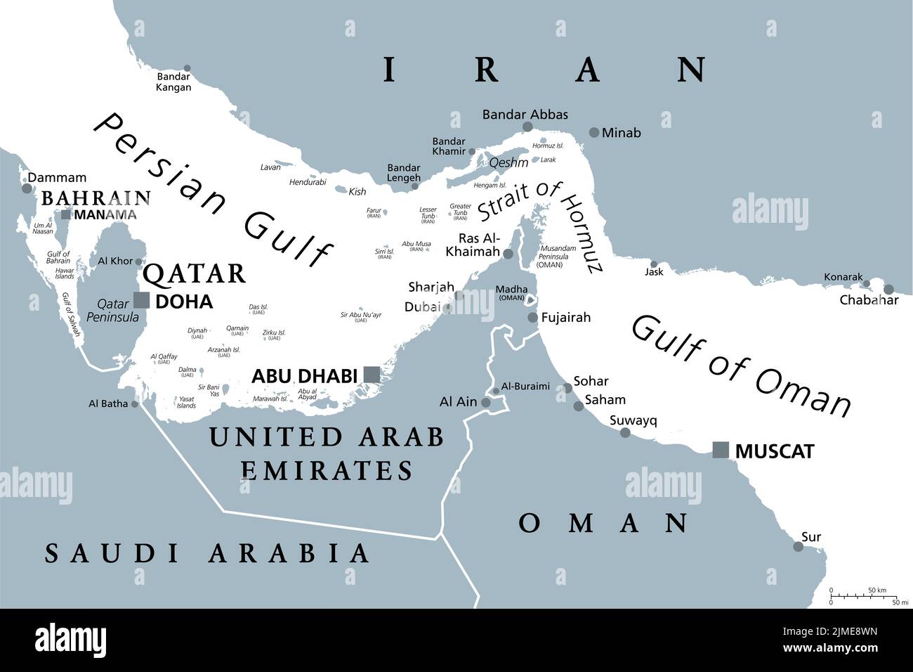 Straße von Hormus, graue politische Landkarte. Wasserweg zwischen dem Persischen Golf und dem Golf von Oman. Strategisch sehr wichtiger Choke Point. Stockfoto