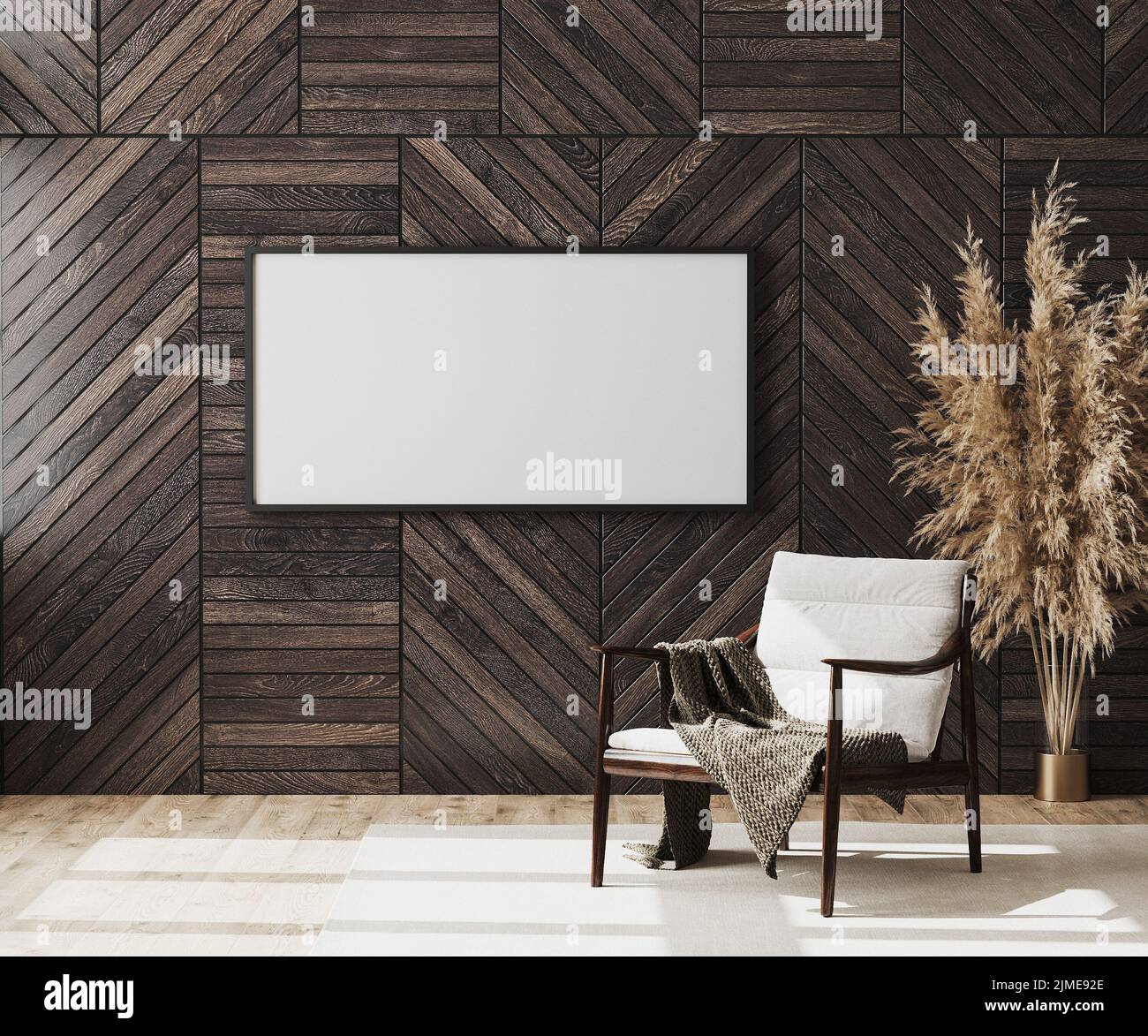 Blank Bilderrahmen Mock up in leeren modernen Raum Innenraum Hintergrund mit Holz dekorativen Panel an der Wand und Holzstuhl w Stockfoto