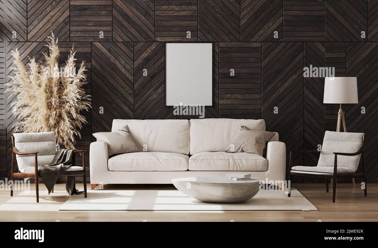 Leerer Posterrahmen im modernen Wohnzimmer mit Wandpaneel aus Holz, Holzstühlen und beigefarbenem Sofa, Dekoration, Livi Stockfoto