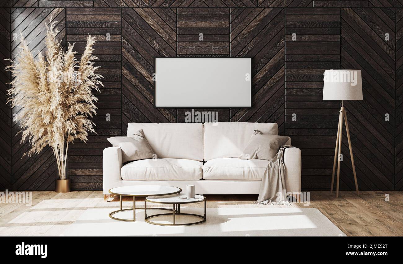 Leerer Bilderrahmen in modernem Luxus-Wohnzimmer-Interieur mit beigem Sofa und dekorativer Holzwandplatte mit Parkettboden, Flo Stockfoto
