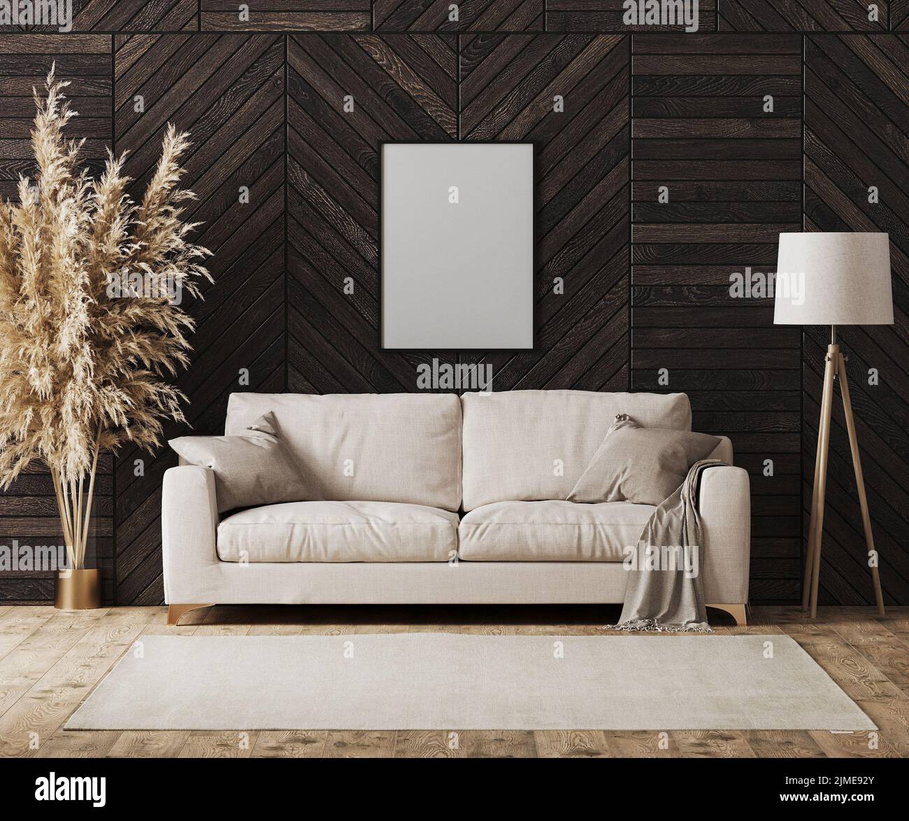 Leerer Posterrahmen im modernen Luxus-Wohnzimmer mit beigefarbenem Sofa und dekorativer Holzwandplatte mit Parkettboden, Floo Stockfoto