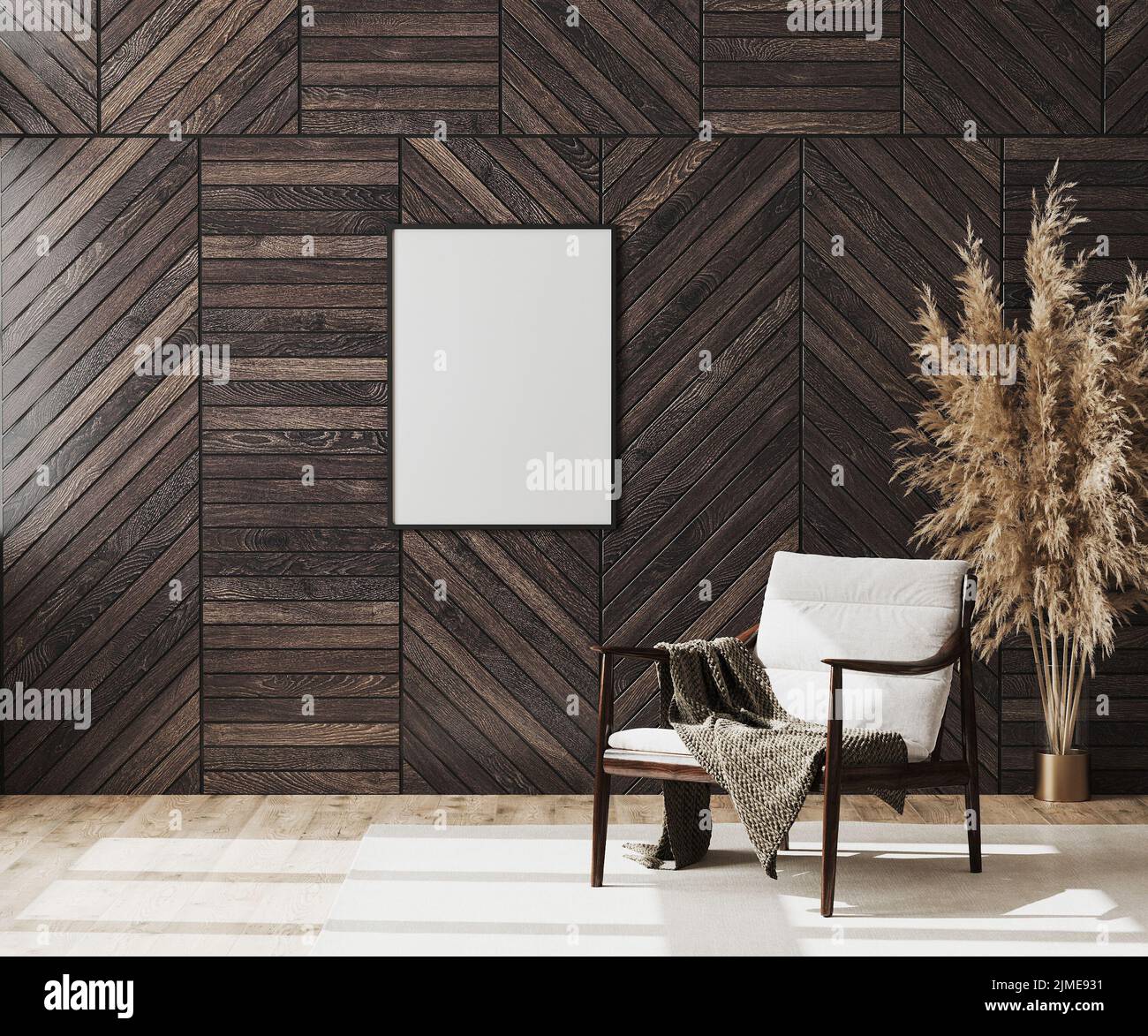 Blank Poster Rahmen Mock up in leeren modernen Raum Innenraum Hintergrund mit Holz dekorativen Panel an der Wand und Holzstuhl wi Stockfoto