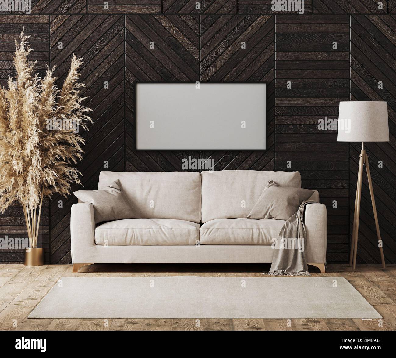 Leerer Bilderrahmen in modernem Luxus-Wohnzimmer-Interieur mit beigem Sofa und dekorativer Holzwandplatte mit Parkettboden, Flo Stockfoto