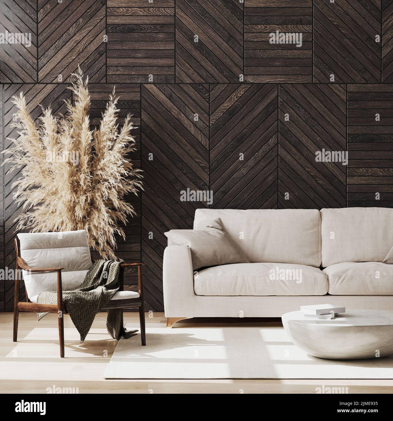 Moderne Wohnzimmereinrichtung mit Holzwandpaneel, Holzstühlen und beigefarbenem Sofa, Dekoration, Wohnzimmereinrichtung Stockfoto