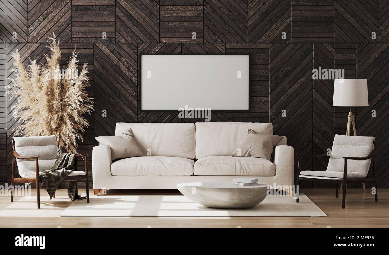 Leere Bilderrahmen-Modell in modernen Wohnzimmer-Interieur mit Holzwandtafel, Holzstühlen und beigefarbenem Sofa, Dekoration, Liv Stockfoto