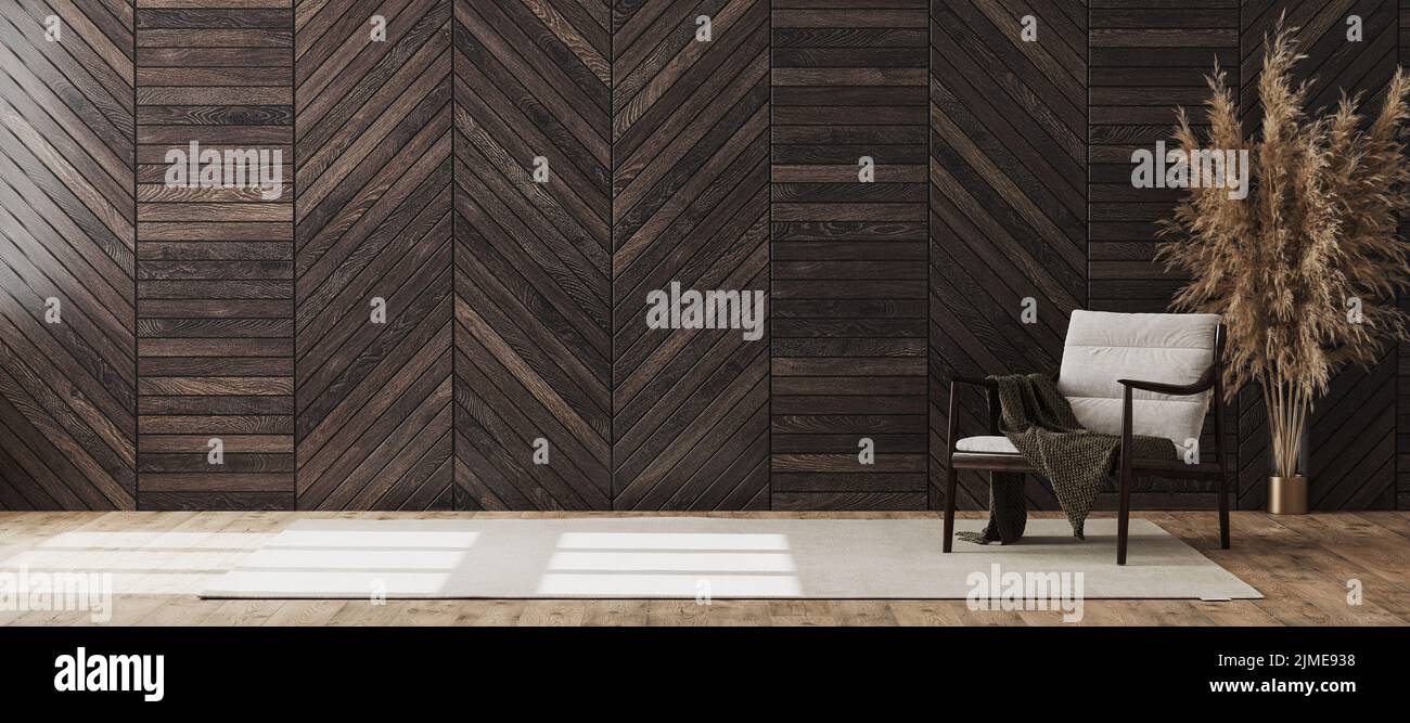 Leeres modernes Zimmerinterieur mit dekorativer Holzverkleidung an der Wand und Holzstuhl mit Decke, Wohnzimmer-Innenausstattung Stockfoto