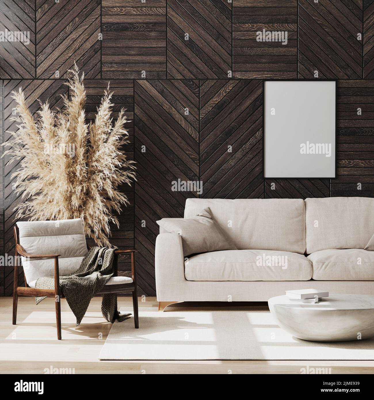Blanke Posterrahmen im modernen Wohnzimmerinnenraum mit Holzwandpaneel, Holzstuhl und beigefarbenem Sofa, Dekoration, Livin Stockfoto