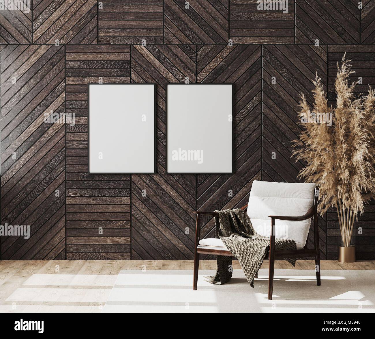 Leere Posterrahmen imitierten sich in leerem modernen Raum im Hintergrund mit Holz-Dekorationspaneel an der Wand und Holzstuhl w Stockfoto
