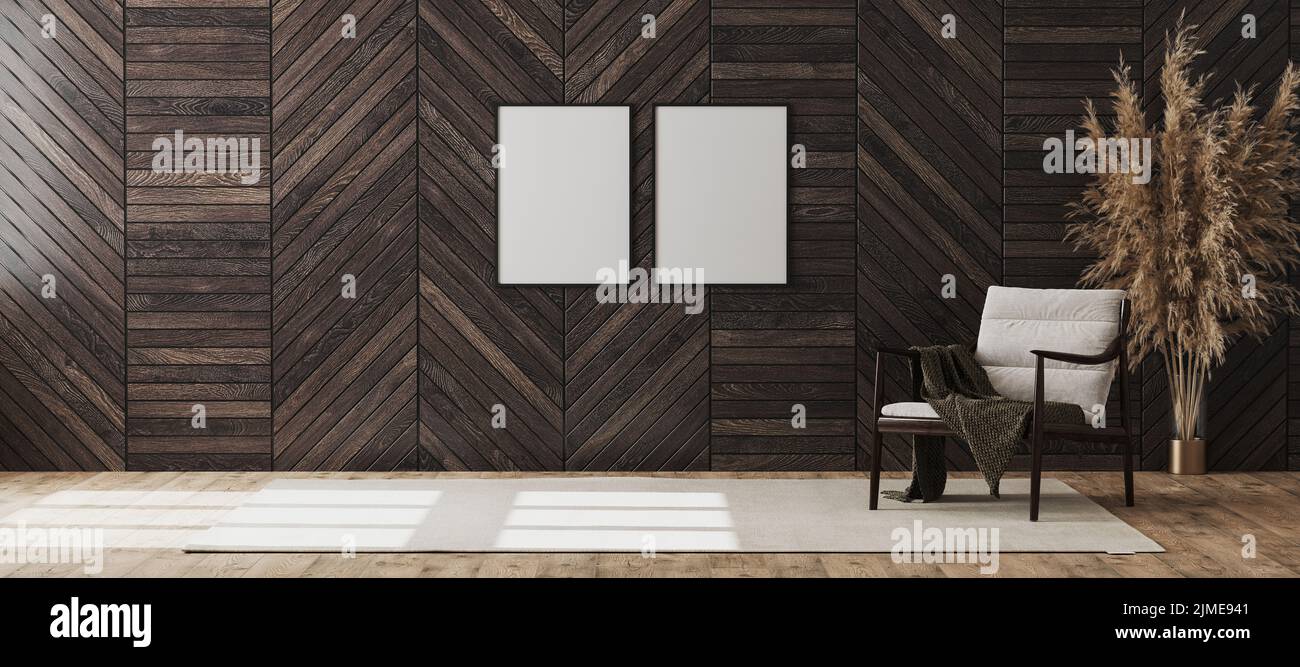 Leere Posterrahmen imitierten sich in leerem modernen Raum im Hintergrund mit Holz-Dekorationspaneel an der Wand und Holzstuhl w Stockfoto