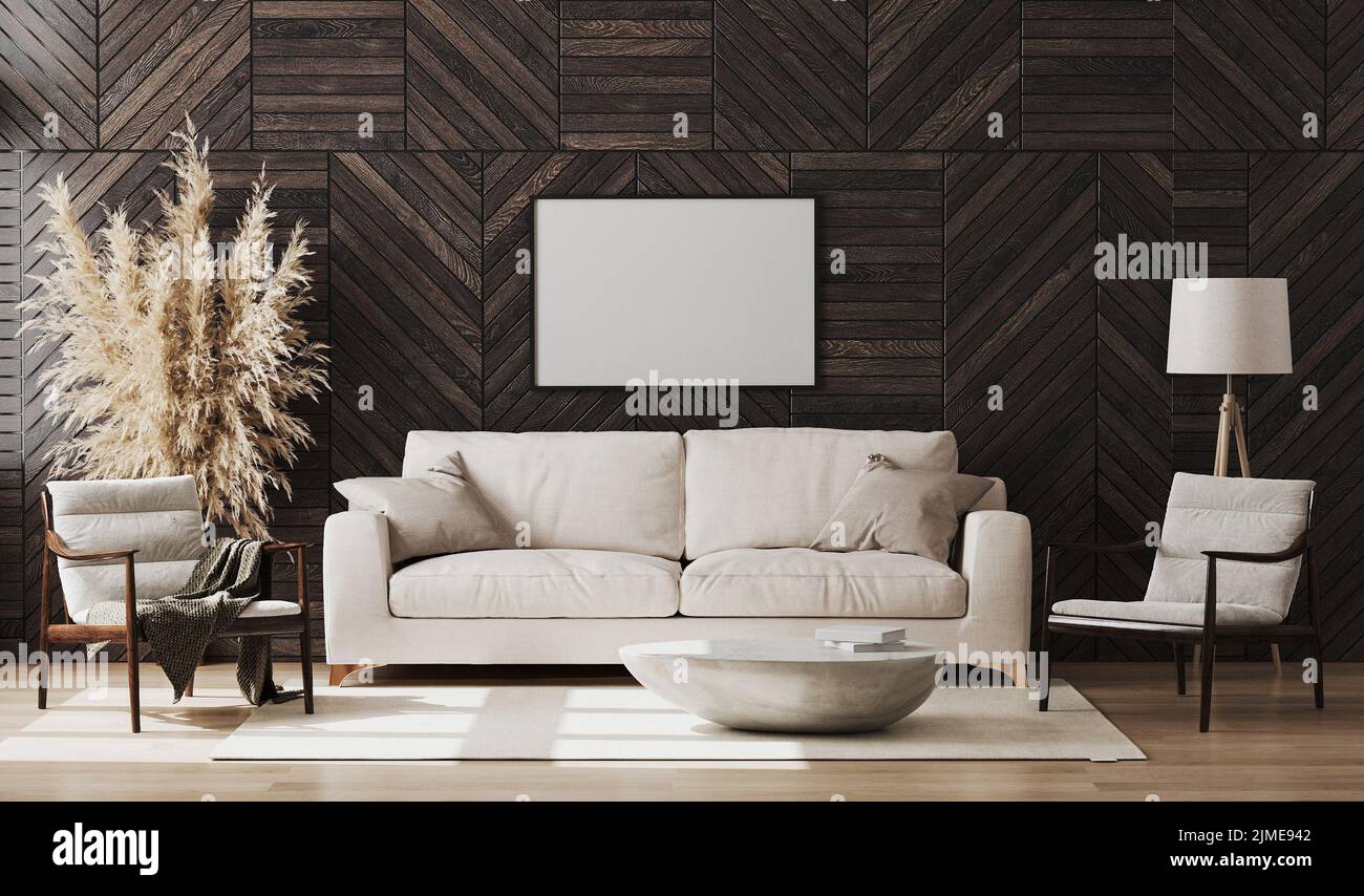 Leere Bilderrahmen-Modell in modernen Wohnzimmer-Interieur mit Holzwandtafel, Holzstühlen und beigefarbenem Sofa, Dekoration, Liv Stockfoto