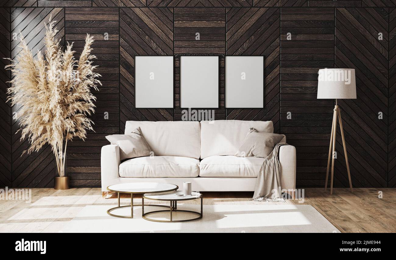Leere Posterrahmen in modernem Luxus-Wohnzimmer-Interieur mit beigem Sofa und dekorativer Holzwandplatte mit Parkettboden, Flo Stockfoto