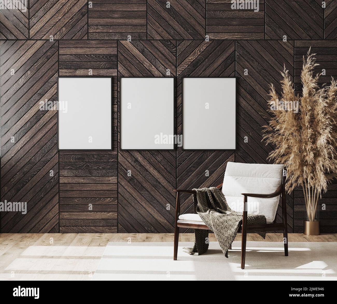 Leere Posterrahmen imitierten sich in leerem modernen Raum im Hintergrund mit Holz-Dekorationspaneel an der Wand und Holzstuhl w Stockfoto