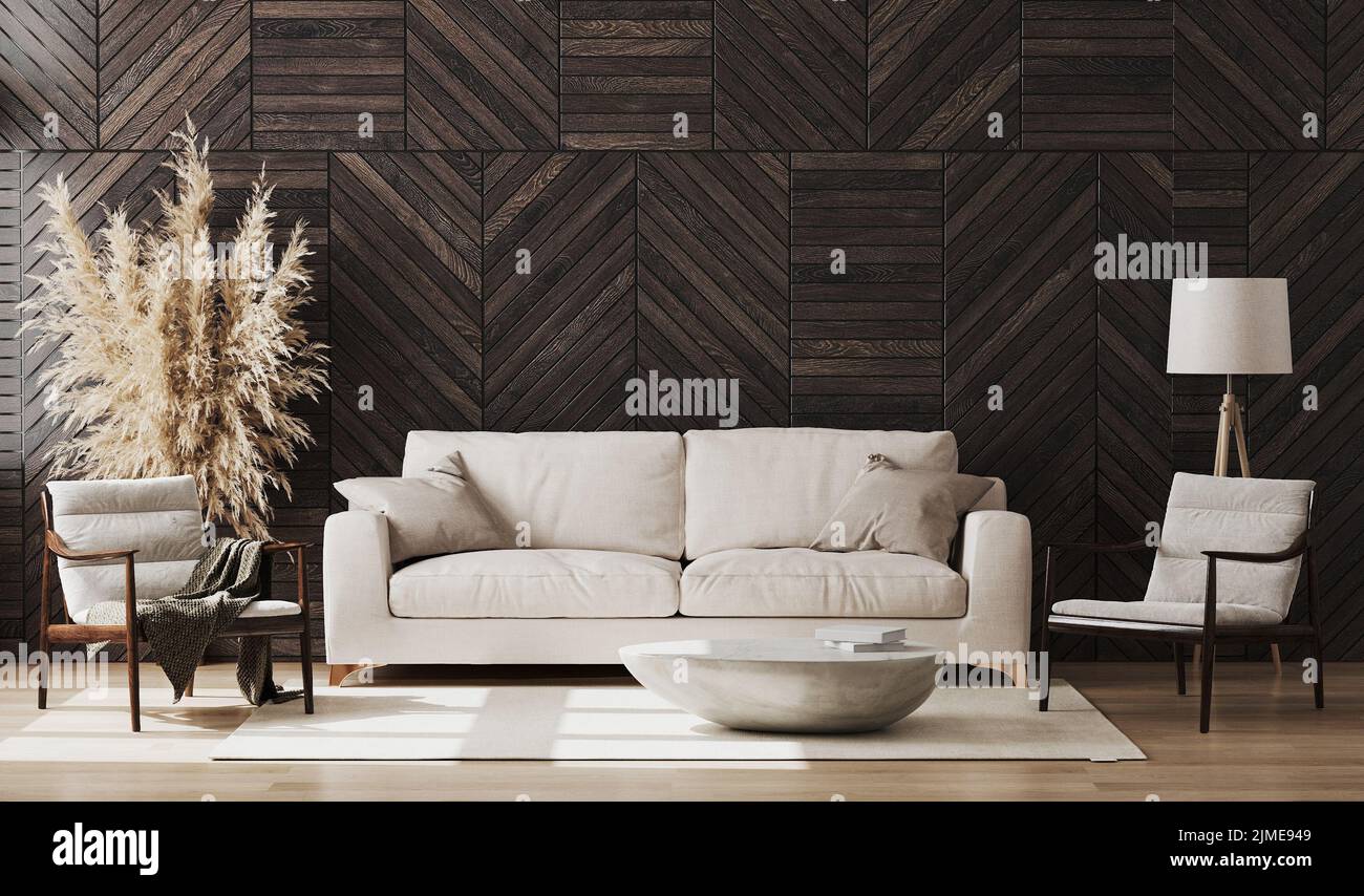 Moderne Wohnzimmereinrichtung mit Holzwandpaneel, Holzstühlen und beigefarbenem Sofa, Dekoration, Wohnzimmereinrichtung Stockfoto