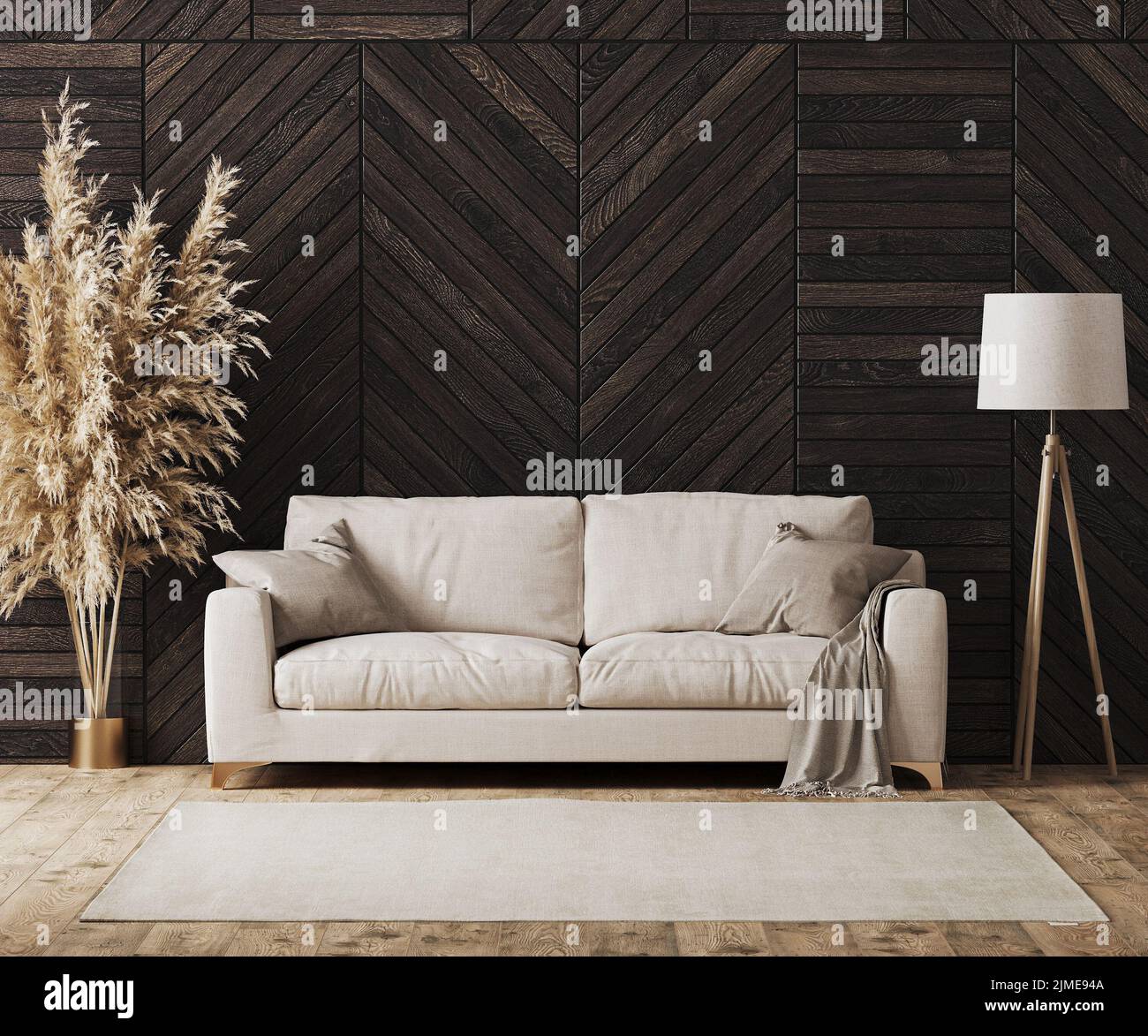 Moderne luxuriöse Wohnzimmereinrichtung mit beigefarbenem Sofa und dekorativer Holzwandplatte mit Parkettboden, Stehlampe, Wohnzimmer im Stockfoto