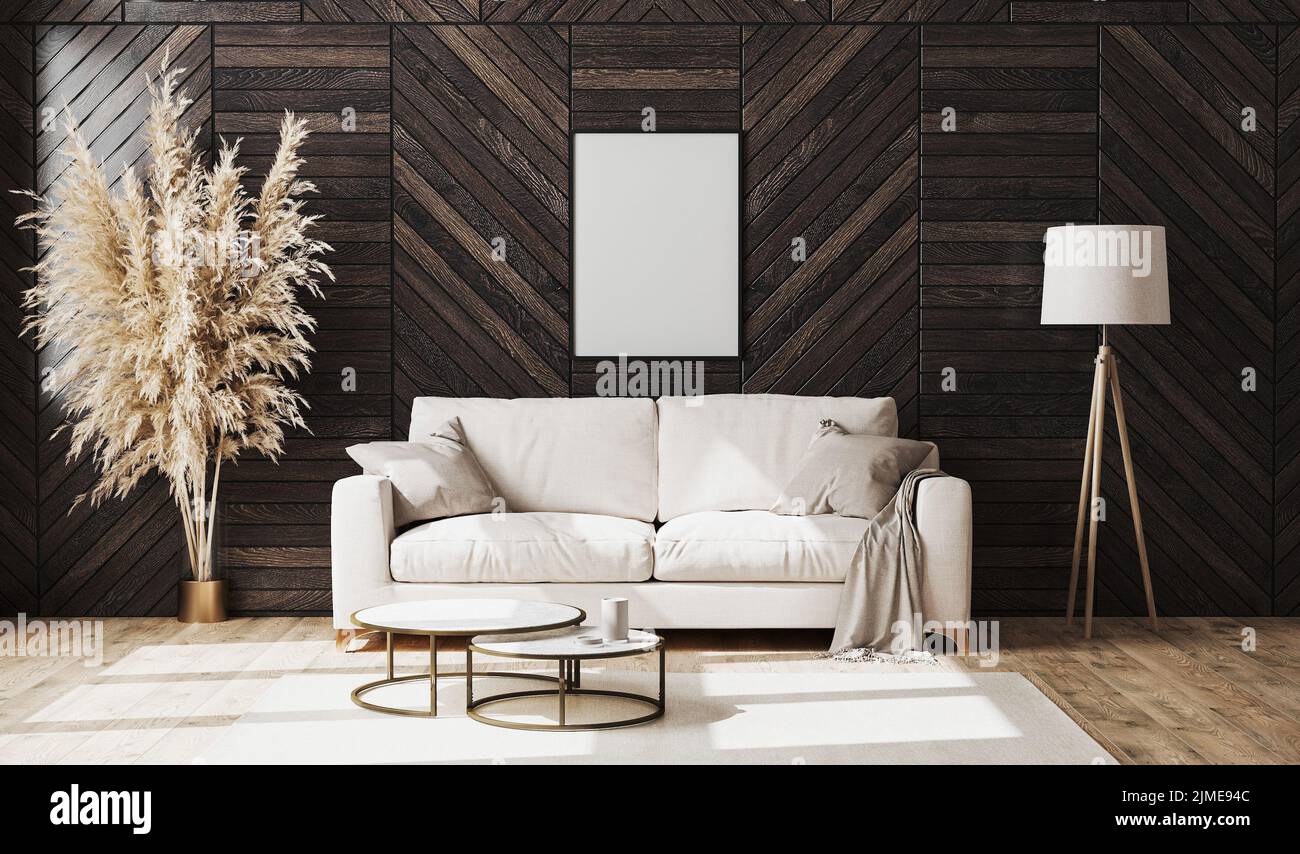 Leerer Posterrahmen im modernen Luxus-Wohnzimmer mit beigefarbenem Sofa und dekorativer Holzwandplatte mit Parkettboden, Floo Stockfoto