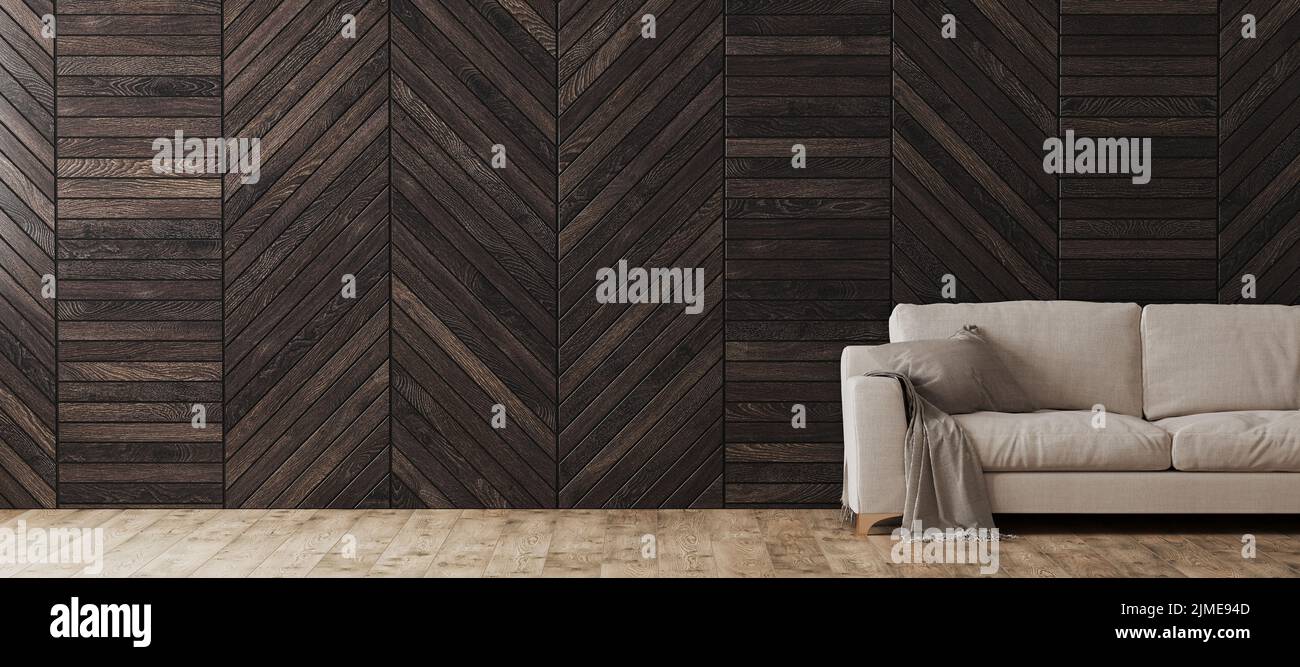 Hellbeigefarbenes Sofa im modernen Wohnzimmerinnenhintergrund mit dekorativer Holzwandtafel, leerer Rauminnenausstattung, Panorama, moc Stockfoto