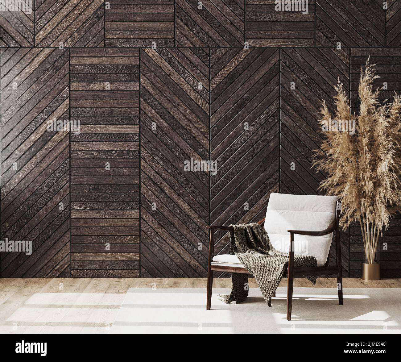 Leeres modernes Zimmerinterieur mit dekorativer Holzverkleidung an der Wand und Holzstuhl mit Decke, Wohnzimmer-Innenausstattung Stockfoto