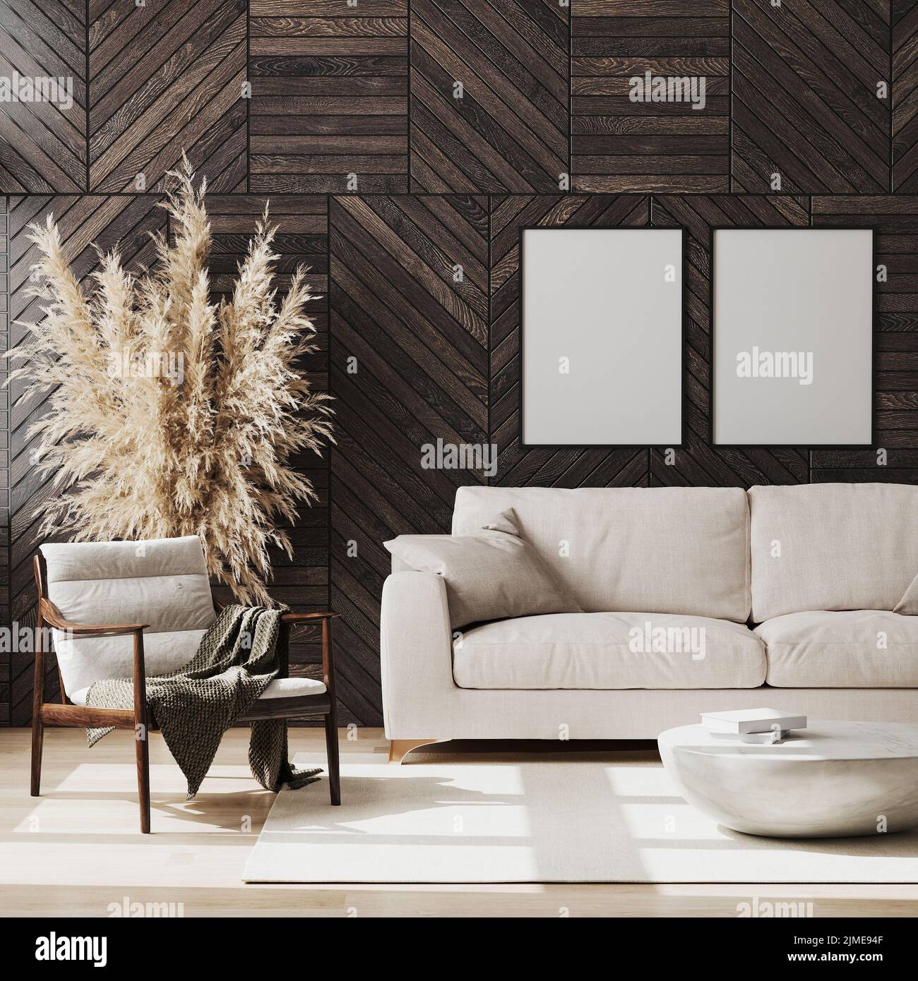Leere Posterrahmen im modernen Wohnzimmer mit Holzwandpaneel, Holzstühlen und beigefarbenem Sofa, Dekoration, Liv Stockfoto