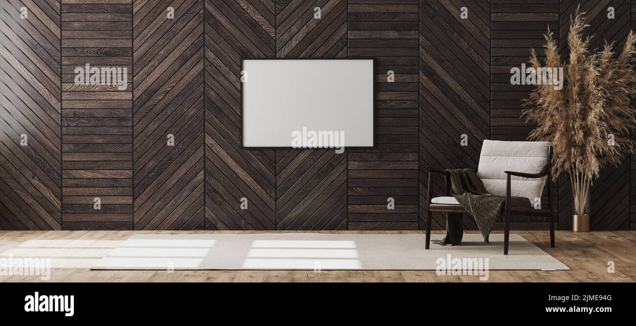 Blank Bilderrahmen Mock up in leeren modernen Raum Innenraum Hintergrund mit Holz dekorativen Panel an der Wand und Holzstuhl w Stockfoto