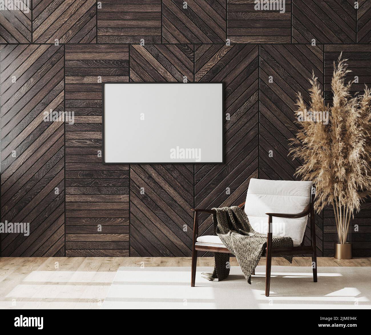 Blank Bilderrahmen Mock up in leeren modernen Raum Innenraum Hintergrund mit Holz dekorativen Panel an der Wand und Holzstuhl w Stockfoto