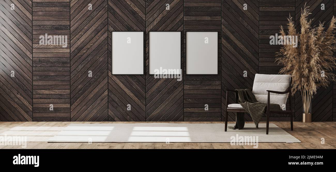 Leere Posterrahmen imitierten sich in leerem modernen Raum im Hintergrund mit Holz-Dekorationspaneel an der Wand und Holzstuhl w Stockfoto