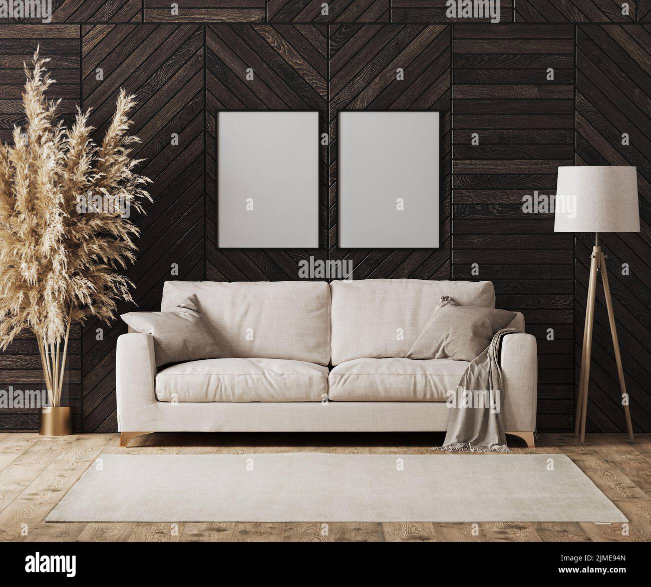 Leere Posterrahmen in modernem Luxus-Wohnzimmer-Interieur mit beigem Sofa und dekorativer Holzwandplatte mit Parkettboden, Flo Stockfoto