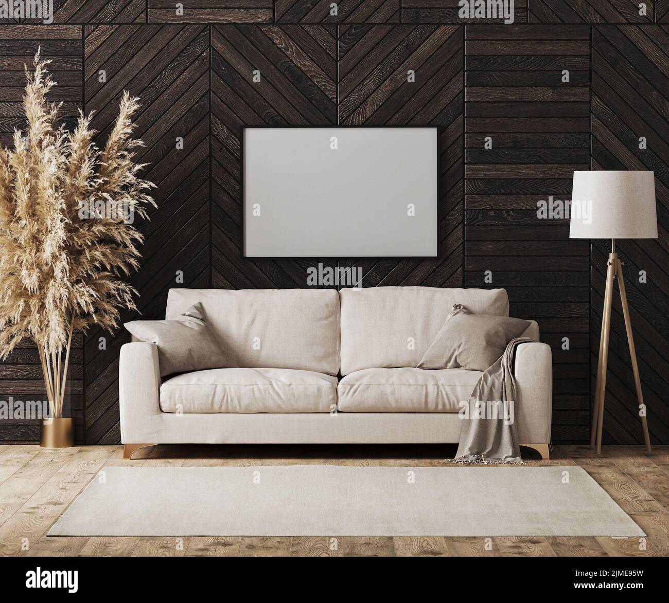 Leerer Bilderrahmen in modernem Luxus-Wohnzimmer-Interieur mit beigem Sofa und dekorativer Holzwandplatte mit Parkettboden, Flo Stockfoto