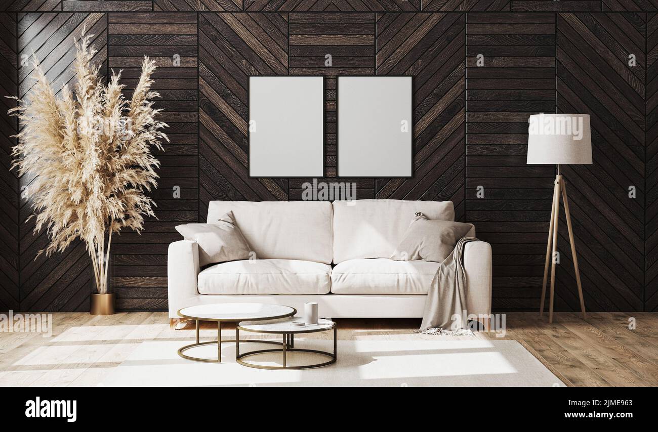 Leere Posterrahmen in modernem Luxus-Wohnzimmer-Interieur mit beigem Sofa und dekorativer Holzwandplatte mit Parkettboden, Flo Stockfoto