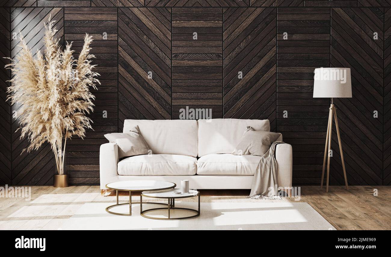 Moderne luxuriöse Wohnzimmereinrichtung mit beigefarbenem Sofa und dekorativer Holzwandplatte mit Parkettboden, Stehlampe, Wohnzimmer im Stockfoto