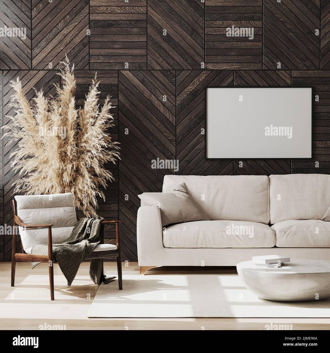 Leere Bilderrahmen-Modell in modernen Wohnzimmer-Interieur mit Holzwandtafel, Holzstühlen und beigefarbenem Sofa, Dekoration, Liv Stockfoto