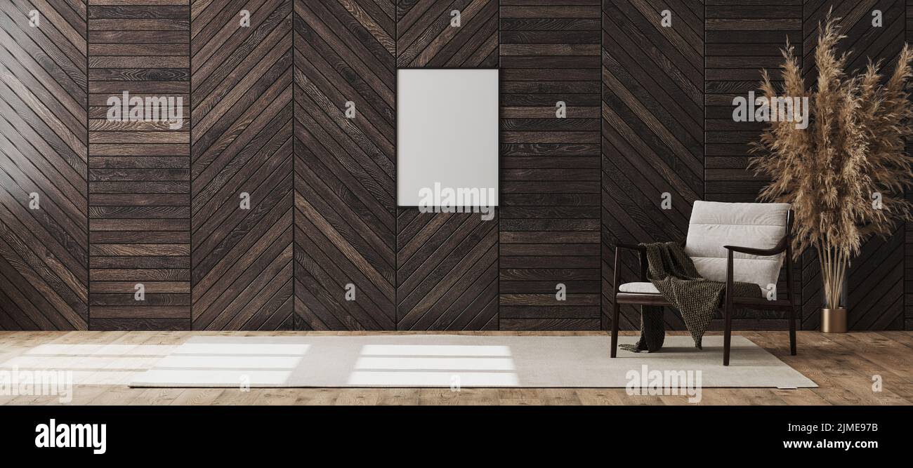 Blank Poster Rahmen Mock up in leeren modernen Raum Innenraum Hintergrund mit Holz dekorativen Panel an der Wand und Holzstuhl wi Stockfoto