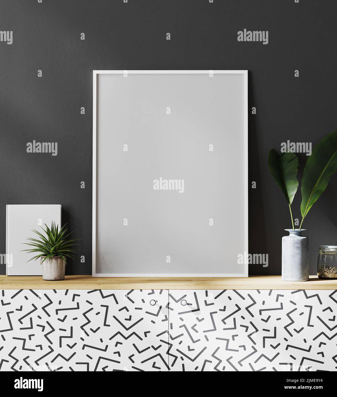 Blank weißer Bilderrahmen im modernen stilvollen Interieur mit dunkelgrauer Wand und Pflanzen auf dem Schrank, 3d-Rendering Stockfoto