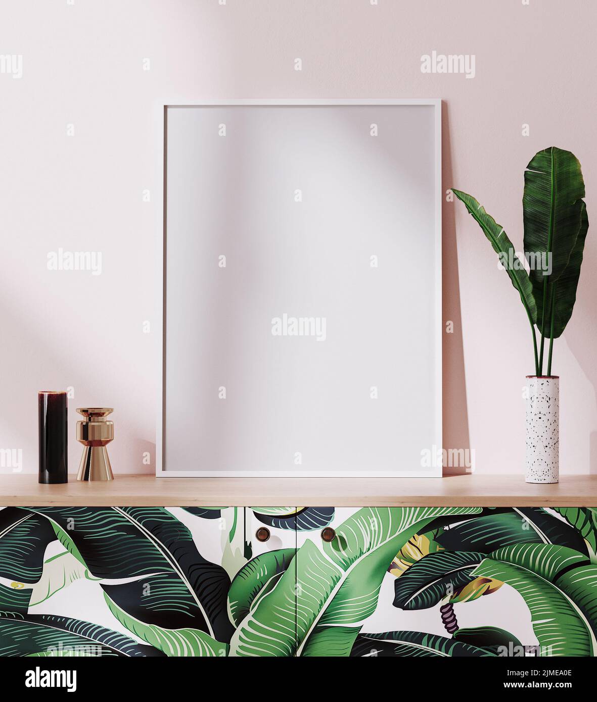 Mockup Posterrahmen im hellen tropischen Stil mit pinker Wand, 3D Rendering Stockfoto