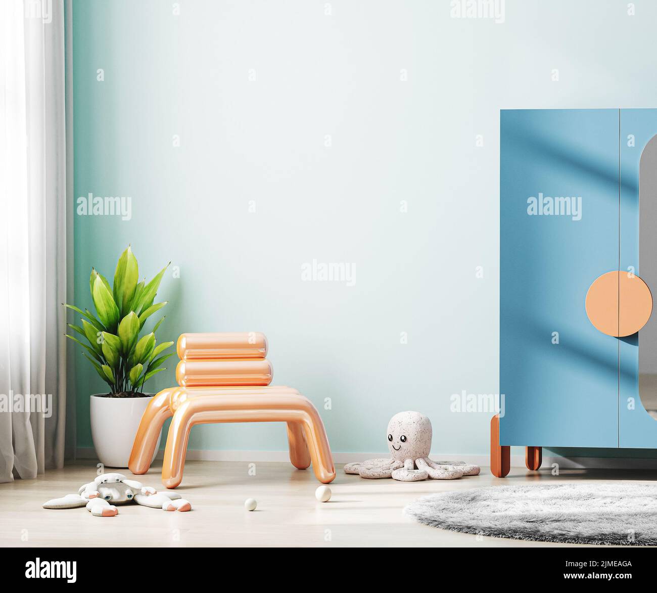 Kinderzimmer Inneneinrichtung mit blauen Wänden und bunten Möbeln, moderne Kinderzimmer Inneneinrichtung, Kinderzimmer, 3D Rendering Stockfoto